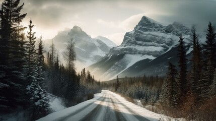 A scenic drive through a winding road surrounded by snow-covered mountains. Generative AI