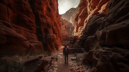 A person hiking through a canyon with towering red rock formations on either side. Generative AI