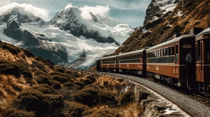 A scenic train journey through a mountain range with snow-capped peaks. Generative AI