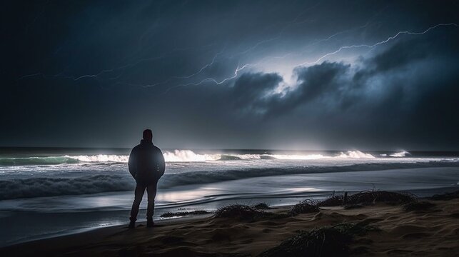 A person standing on a beach watching a stormy sea with lightning in the background. Generative AI