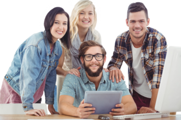 Portrait of smiling business people using digital tablet 