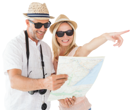 Happy tourist couple using map and pointing
