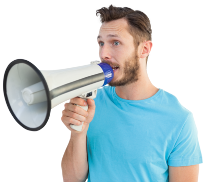 Handsome hipster talking through megaphone