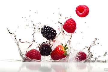 Water Splash with strawberry, raspberry and blackberry isolated white background, generative ai.