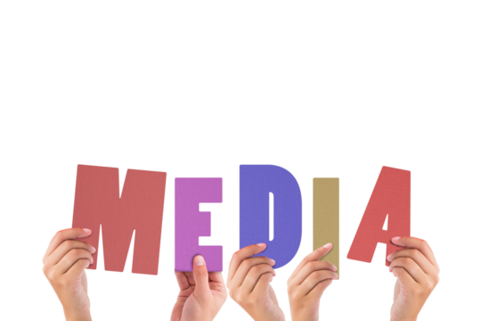 Colorful alphabet spelling media held up by people  - Powered by Adobe