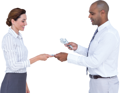 Businessman handing over money to businesswoman