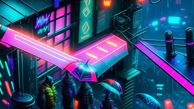Rainy Cyberpunk Cityscape. High Tech Anime City with Glowing Vehicles, Neon Lit Umbrellas, Gritty Characters, Mysterious Woman, Wet Streets. [Fantasy / Science Fiction / Anime Style Animation.]