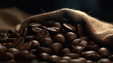 Geröstete Kaffeebohnen mit einem Jutesack (Generative AI)