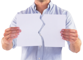 Man holding torn white paper