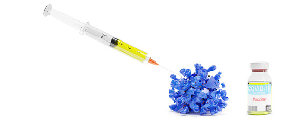 Medical syringe with a needle and a bollte with vaccine. 3D rendering