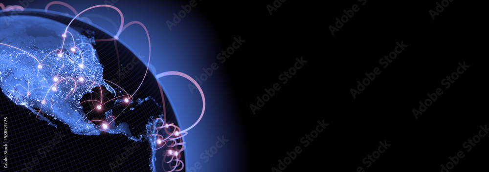 Wall mural globalization and communication concept. earth and luminous rays. 3d rendering