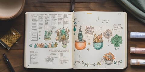 A beautifully organized bullet journal with colorful hand drawn illustrations creative layouts, concept of Personalization and Creative Layouts, created with Generative AI technology
