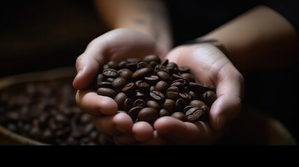 Zwei Hände halten geröstete Kaffeebohnen (Generative AI)