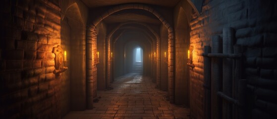 Long narrow corridor illuminated by torches on both sides, creating a dimly lit and mysterious atmosphere. Generative AI