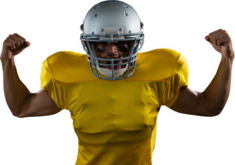 Portrait of American football player flexing muscles