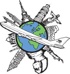 Landmarks of the world with airplane doodle