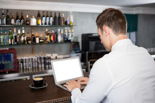 Rear view of businessman using laptop - Powered by Adobe