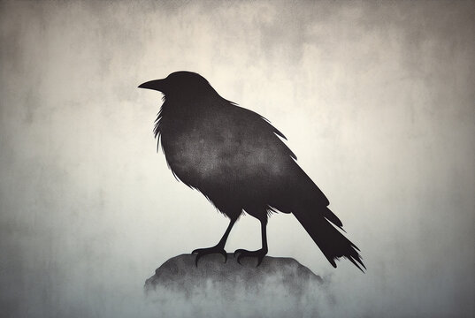 Charcoal drawing of a crow perched on a rock
