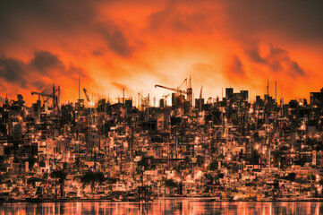 Urban skyline engulfed in a fiery sunset