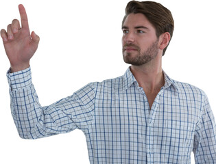 Man pretending to touch an invisible screen