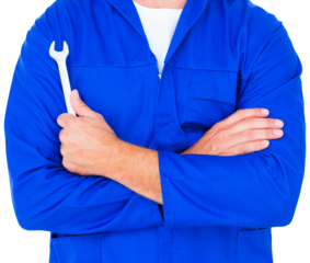 Male mechanic holding spanner on white background