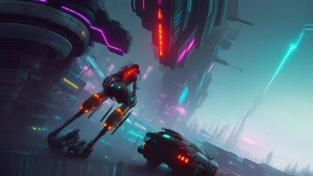 Flyover a Cyberpunk Cityscape. High Tech City with Lasers, Vehicles, Robots, Androids, Neon Signs, and Glowing Skyscrapers. [Fantasy / Science Fiction, Video Game, Anime Style Animated Clip.]

