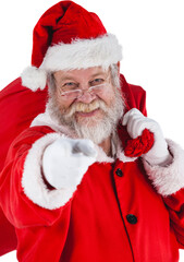 Portrait of Santa Claus holding Christmas bag and gesturing