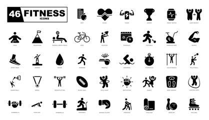 Fitness and sport 46 isolated outline icons set on white background.