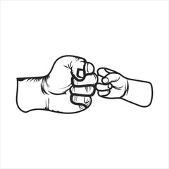 Black and white line drawing of a fist bump father and a fist bump son hand vector.