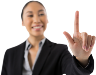 Businesswoman pressing an invisible virtual screen