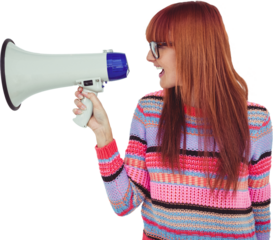Smiling hipster woman shooting through megaphone