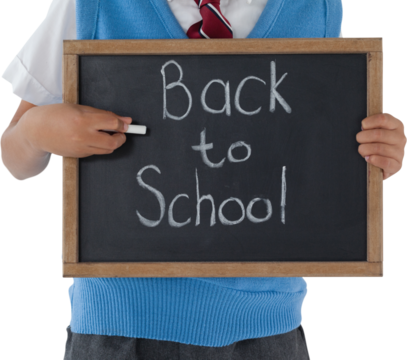 Midsection of schoolboy holding slate with back to school text - Powered by Adobe