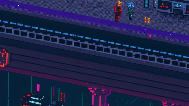 Flyover of an 8-Bit Video Game Style Pixelart Cyberpunk City. Pixel Art Night Cityscape with Lasers, Vehicles, Robots, Androids, Gritty Character, Neon Signs, and Glowing Skyscrapers. 