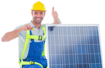 Handyman gesturing thumbs up while tightening solar panel