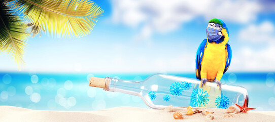 Message in a bottle with corona virus and parrot on vacation