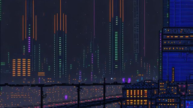 Slow Pan Across an 8-Bit Style Pixelart Cyberpunk Skyline At Night. Pixel Art Night Cityscape with Neon Signs, Glowing Skyscrapers, and a Suspension Bridge. [Fantasy / Science Fiction / Horror Clip.]