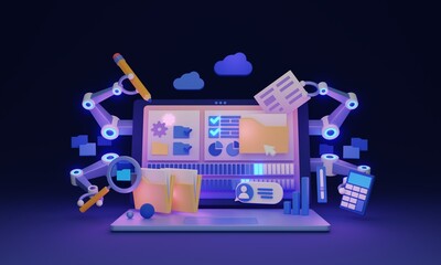 Data entry automation with AI writing software tool 3D illustration concept. Artificial intelligence technology for effective task management. Information processing program for company documents. © VectorMine