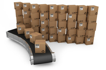 3D conveyor belt by stack of brown cardboard boxes