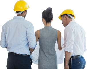 Rear view of architects discussing over blueprint