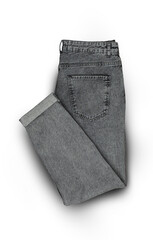 Grey jeans isolated on a transparent background. Top view