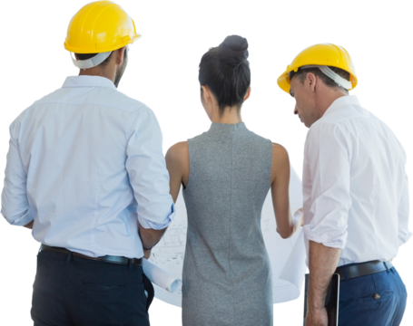 Rear view of architects discussing over blueprint - Powered by Adobe