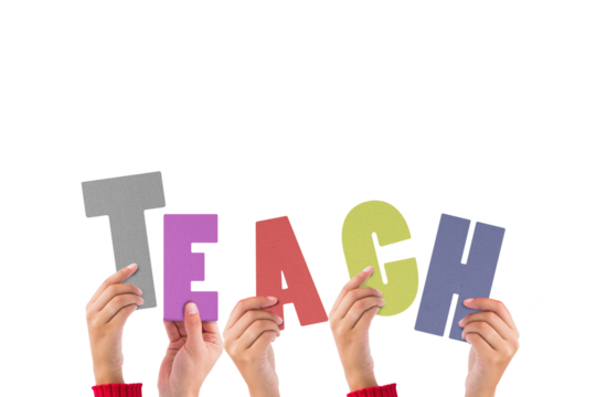 Cropped hands holding colorful alphabets forming teach - Powered by Adobe