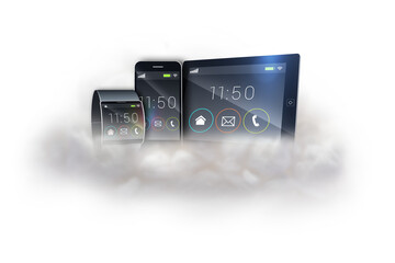 Futuristic black wrist watch with tablet and smartphone on cloud