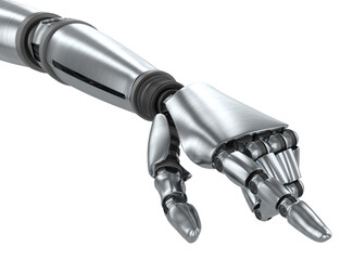 Silver robot arm pointing at something