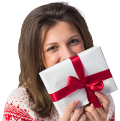 Smiling brunette holding a gift with red ribbon