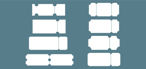 Collection of blank tickets. Cinema, theatre ticket templates isolated on the blue background.