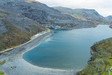 virds0eye view of Llyn Peris Lake, formed glacially and is an example of a moraine-dammed lake, UK....
