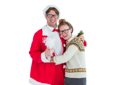 Geeky hipster in santa costume hugging his girlfriend - Powered by Adobe