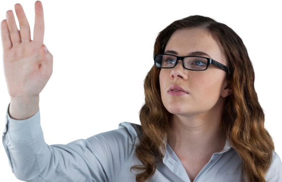 Woman touching invisible screen