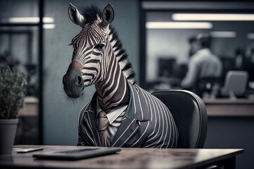 Portrait of a zebra in a business suit, at the office. Generative AI